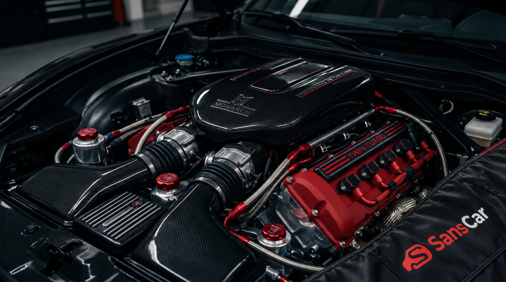 Engine bay in a workshop