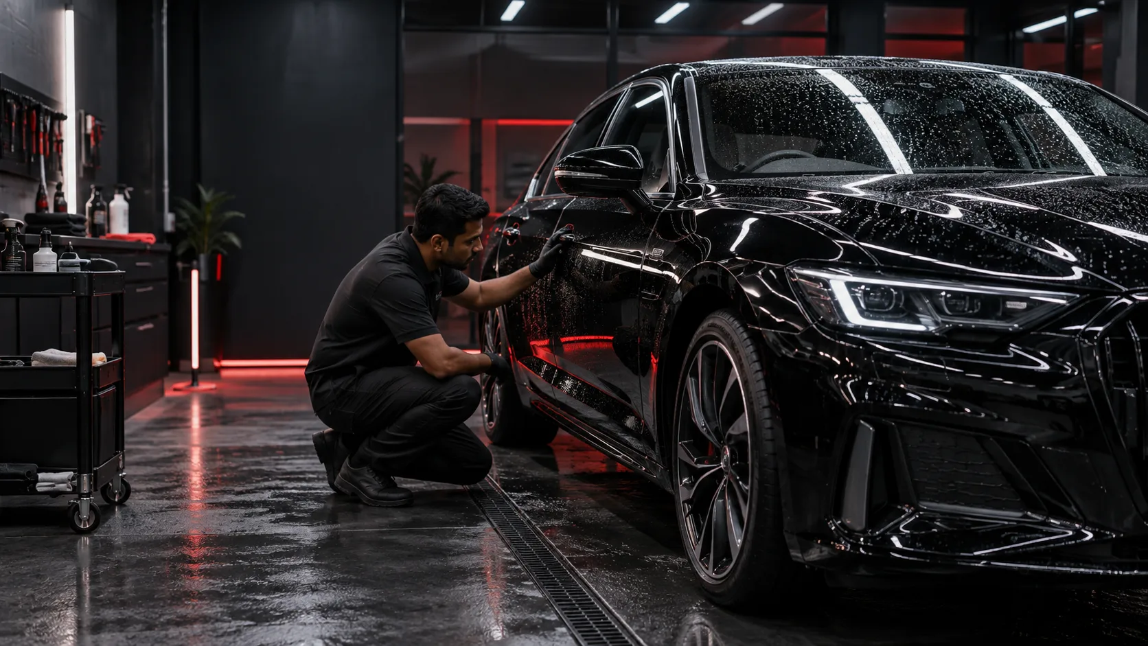 Black sedan undergoing paint correction and ceramic coating in detailing studio